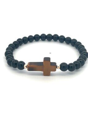 14K Solid Gold & Gemstone Cross Bracelet Onyx Tiger Eye